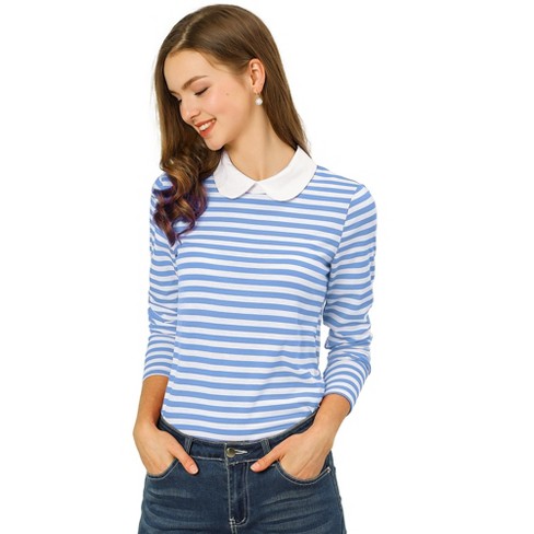 INSPIRE CHIC Women's Long Sleeves Contrast Peter Pan Collar Striped Blouse Top - image 1 of 4