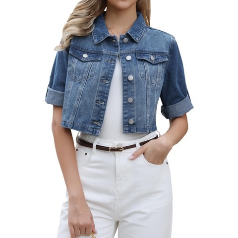 INSPIRE CHIC Women's Denim 2026 Casual Turndown Collar Button Down Half Sleeve Crop Jean Jacket X-Small Blue