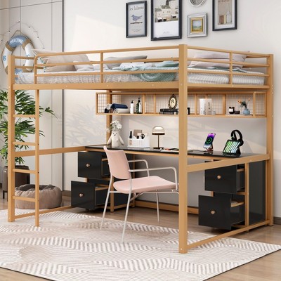 Whisen Full Size Metal Loft Bed with Desk, Drawers and Bedside Tray