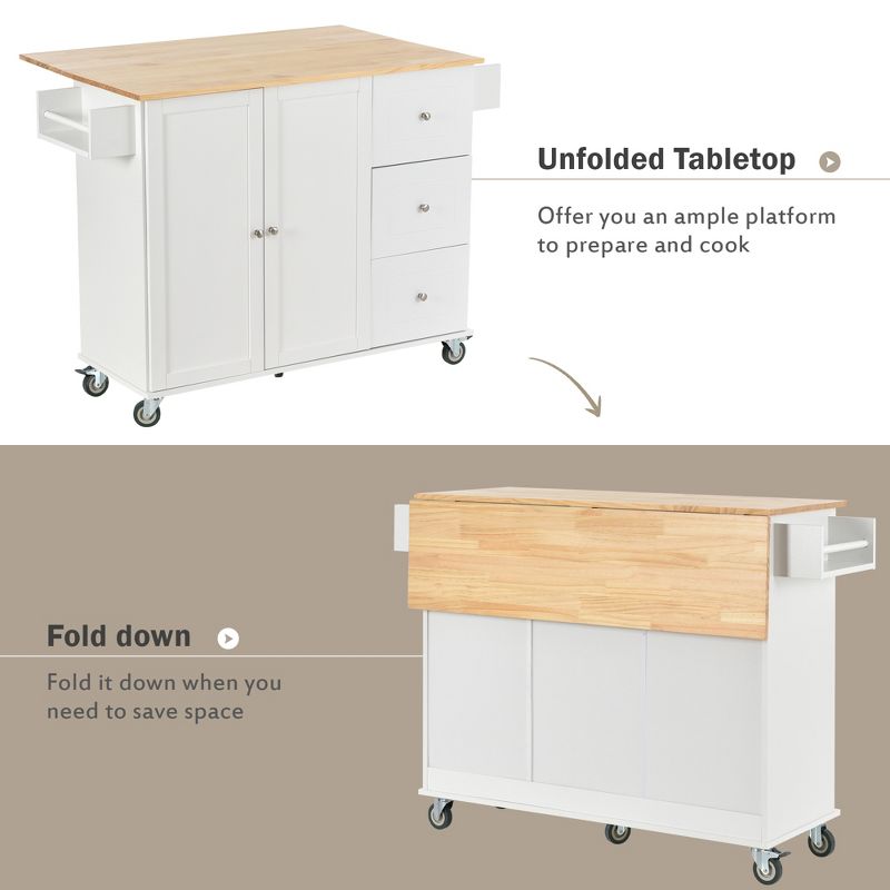 52.7 In. W Mobile Kitchen Island with Drop Leaf Wood Top, Spice Rack and Locking Wheels-ModernLuxe, 5 of 15