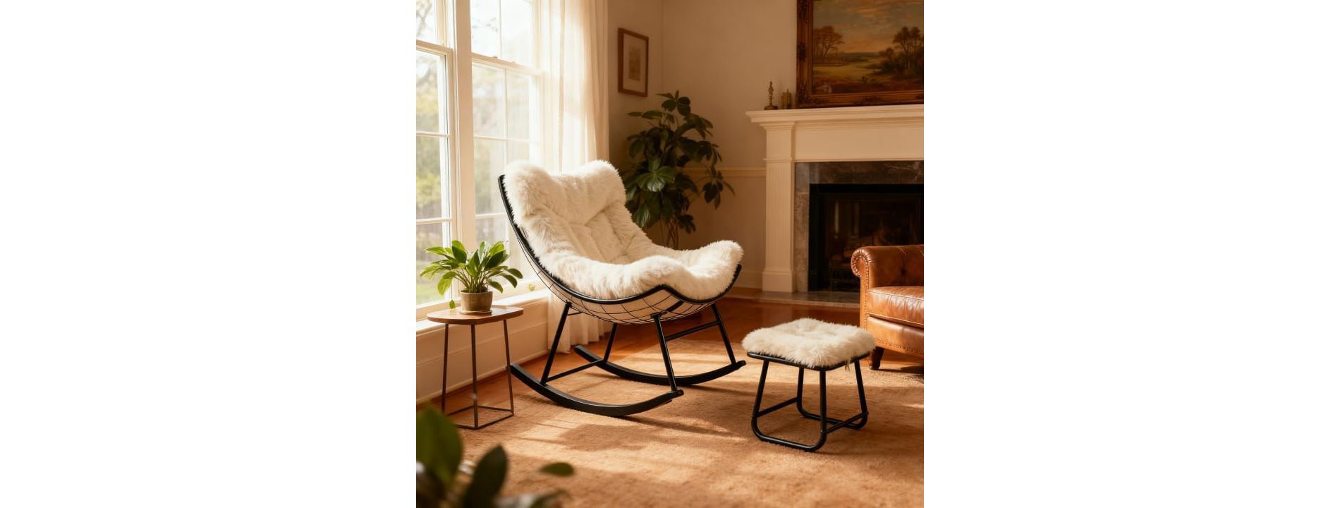 Oversized Papasan Rocking Chair with Ottoman and Soft Plush Cushion,Lounge Chair with Footrest and Sturdy Metal Frame,Egg Rocker for Living Room