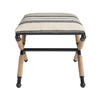BoHo Black Stripe Cushioned Accent Stool with Rope-Wrapped Metal Legs