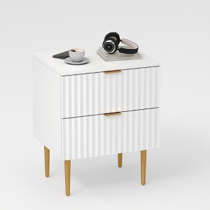 Modern Fluted Nightstand with Charging Station & 2 Drawers, Gold & Wood Bedside Table - 1 of 4