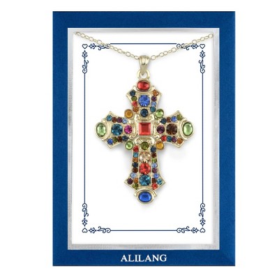 Anna-Kaci Gold Tone Stained Glass Rhinestone Patonce Cross Necklace with Message Card & Envelope Jewelry Gift