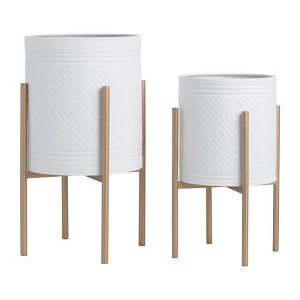 Sagebrook Home Indoor Outdoor Geometric Planters on Metal Stand, Set of 2, White and Gold - 1 of 4