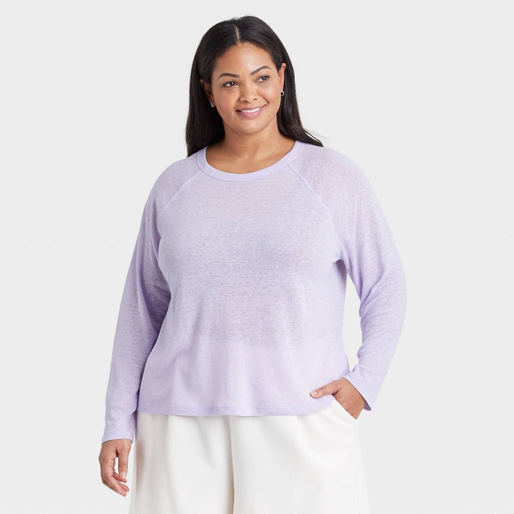 Women's Plus Size Long Sleeve Linen T-Shirt - A New Day Purple 4X