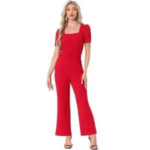 INSPIRE CHIC Women's Work Elegant Square Neck Puff Short Sleeve Loose Wide Leg Jumpsuits Romper - 1 of 4
