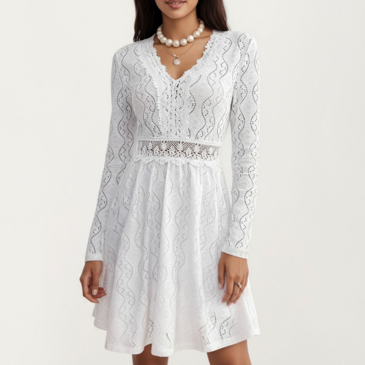 Anna-Kaci Women's Long Sleeve Lace Mini Dress with V-Neckline and Sheer Waist Detail