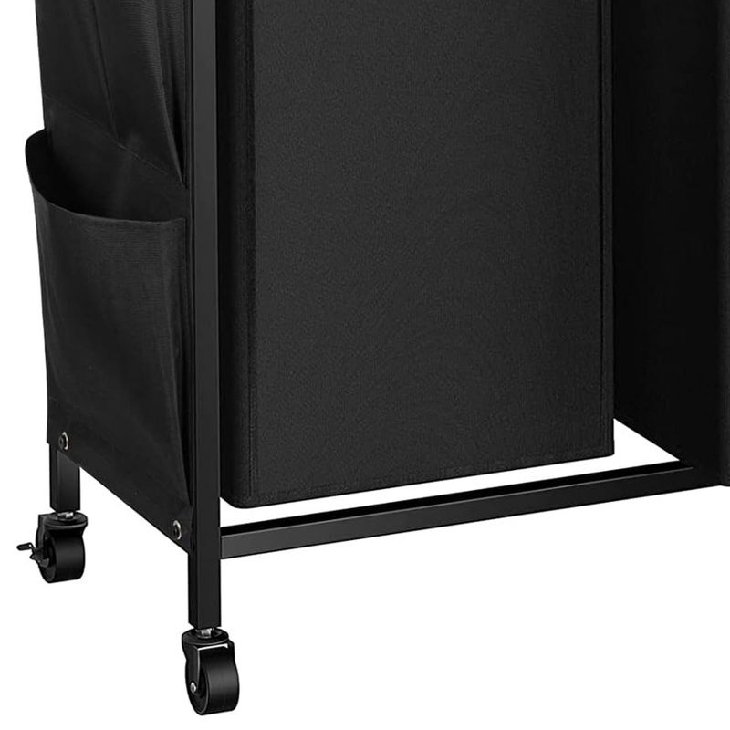 WOWLIVE Rolling 110L Double Laundry Hamper Clothes Basket Organizer with Metal Frame, Wooden Lid Top Shelf and 2 Removable Bags, Brown/Black, 4 of 7