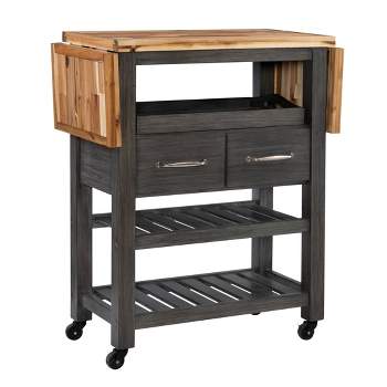 Kenberry Gray/Natural Wood Movable Kitchen Cart Storage Drawers & Shelving Locking Wheels - Powell