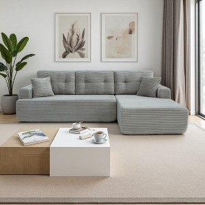 L-Shaped Corduroy Compression Sectional Sofa with Chaise & Pull-Out Bed - 1 of 4