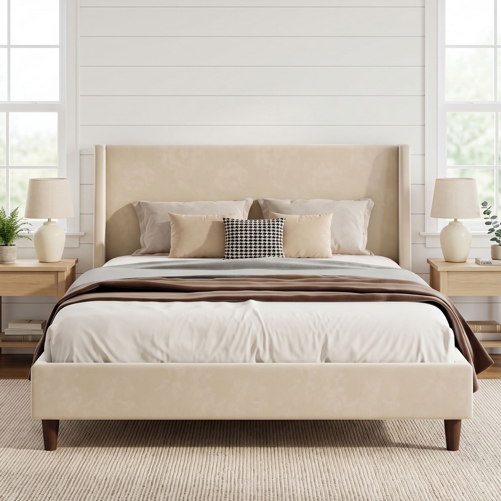 GDFStudio Maggie Modern Upholstered Platform Bed with Wingback Headboard, Beige Velvet, King