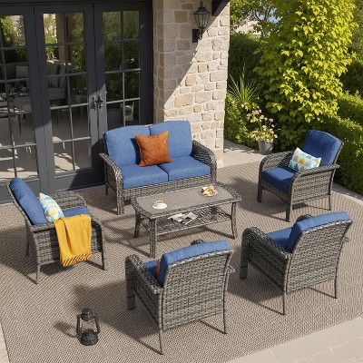 XIZZI Outdoor Wicker Sofa Set with Optional Swivel Chairs, 3.5" Cushions 5 Colors (Gray, Black, Navy, etc.), All-Weather Rattan, Modular 2-7 Pieces