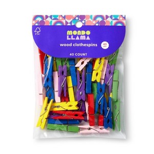 40ct Wood Clothespins - Mondo Llama™: Multicolor Brights, Small Wooden Clips, Multipurpose Household Use - 1 of 3
