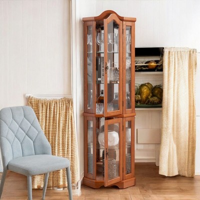 Alilang 21.65 Inch Wooden Corner Display Cabinet with Glass Doors and Shelves-Oak