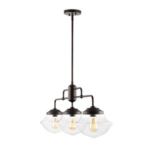 37.5" 3-Light Avery Industrial Farmhouse Rustic Iron/Glass LED Pendant Oil Rubbed Bronze/Clear - JONATHAN Y: UL Listed, Adjustable Height - 1 of 4