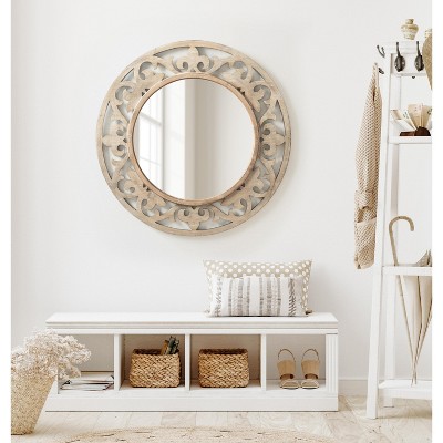 Shovali 32" Natural Wood Carved Round Vanity Mirror