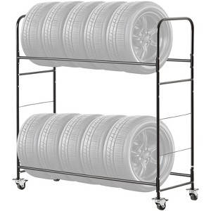 VEVOR Rolling Tire Storage Rack, 2-Shelf Tire Holder and Transport Trailer for Garage, Heavy-Duty Steel Tire Storage Cart with Wheel, Black - 1 of 4