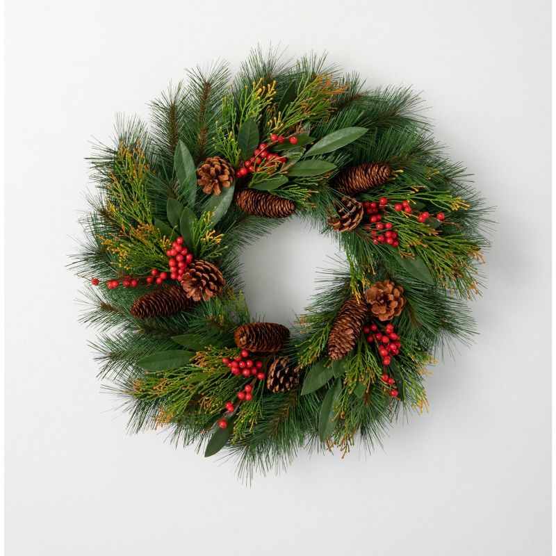 Artificial Rustic Pine & Berry Wreath Multicolor 24"H, 1 of 5