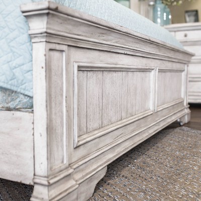 Queen Rustic Ivory Wood Panel Bed with Tufted Headboard