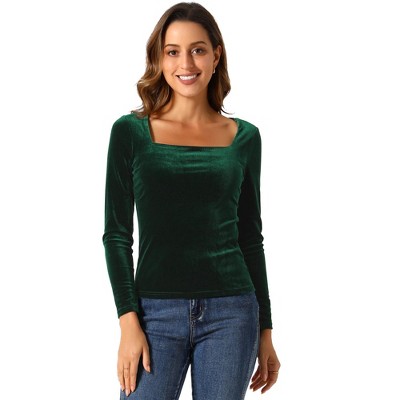 INSPIRE CHIC Women's Velvet Square Neck Long Sleeve Casual Blouses