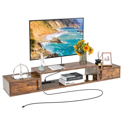 Costway 55'' Floating TV Stand Wall Mounted Console Shelf w/ Doors & Power Outlet Rustic