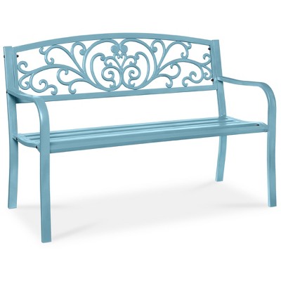 Best Choice Products Outdoor Steel Bench Garden Patio Porch Furniture w/ Floral Design Backrest - Sky Blue