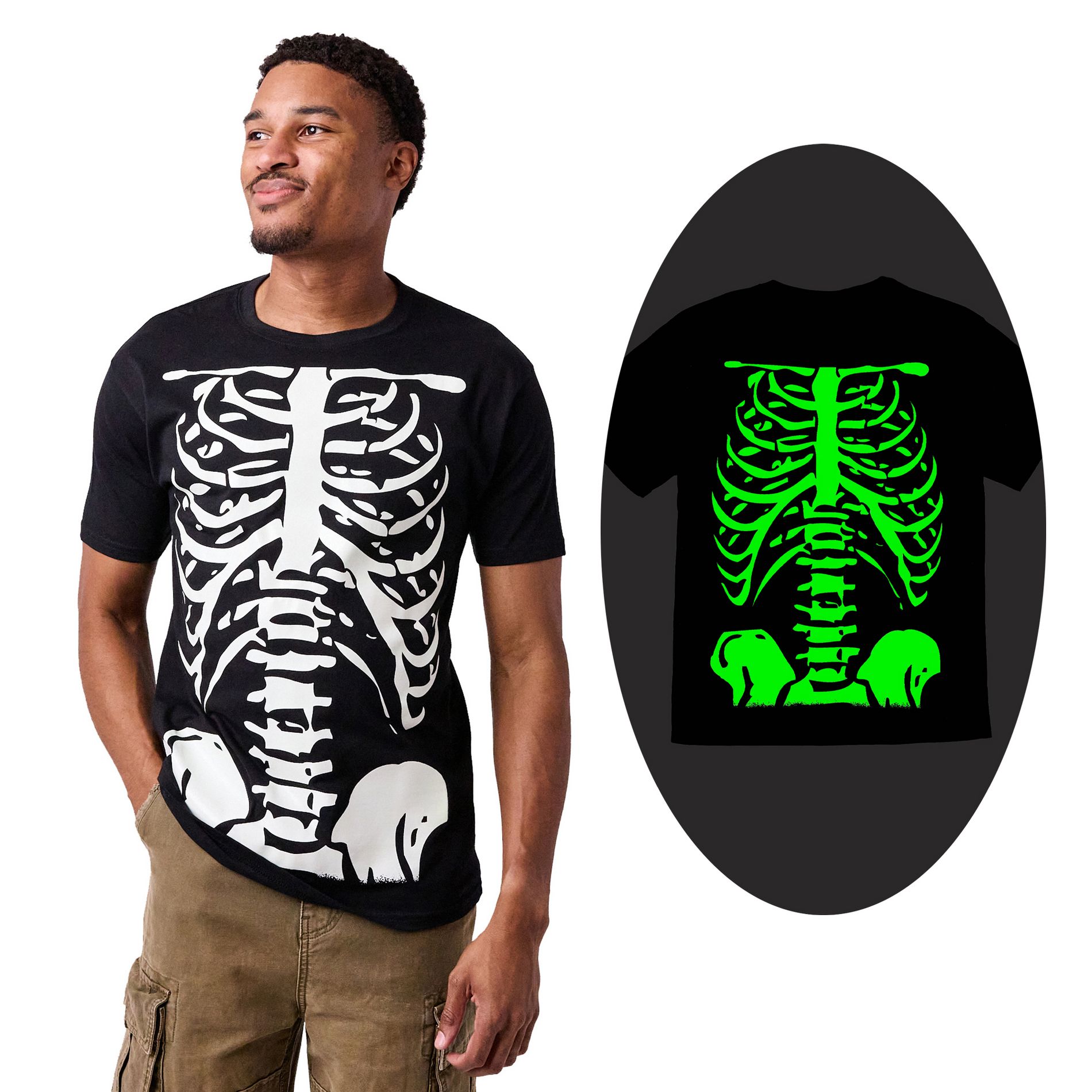 Skeleton Halloween Costume Men's Black Short Sleeve Glow In The Dark Tee