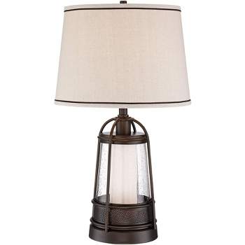 Franklin Iron Works Hugh Industrial Rustic Table Lamp 26" High Bronze Metal Seeded Glass with LED Nightlight Off White Shade for Bedroom Living Room
