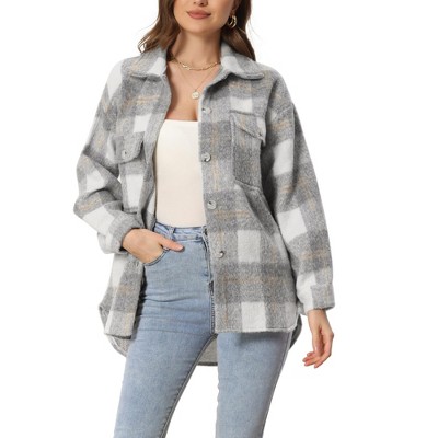 Allegra K Women's Faux Fleece Button Down Casual Warm Plaid Jackets Brown  Large : Target