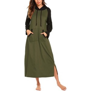 Ekouaer Nightgowns for Women Cotton Nightgown Long Sleeve Hooded Night Gown Contrast Color Full Length Loungewear with Pocket - 1 of 4