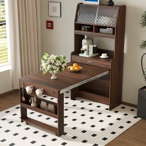 TiramisuBest 110" Foldable Dining Table with Hutch,Multifunctional Cupboard with Storage Shelf and Side Hooks for Small Places,Apartment - 1 of 4