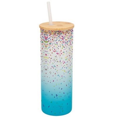 Elanze Designs Rainbow Confetti Party Celebration Wrap-Around Design 25 Ounce Frosted Gradient Glass On-The-Go Coffee Travel Skinny Tumbler Mug Cup,