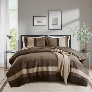 2 Piece Luxe Microsuede, Pieced Design Color Block Stripes Bedding Comforter Sets, Winter Soft Brushed Microfiber Reverse, Matching Sham - 1 of 4