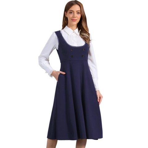 Женские платья INSPIRE CHIC Women's Lace Trim Button Decor Midi Pinafore Dresses with Pockets Dark Blue X-Large