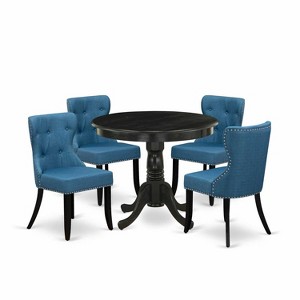 HomeStock 5-Piece Round Wire Brushed Black Finish Solid Wood Top Dining Table with 4 Parson Chair - 1 of 4