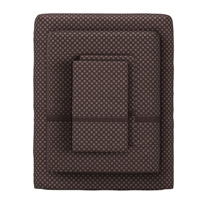 Hastings Home Twin Size Brushed Microfiber 3 Piece Embossed Checkered Bed Sheet and Linen Set with Stain Resistant Fitted and Flat Sheets - Brown