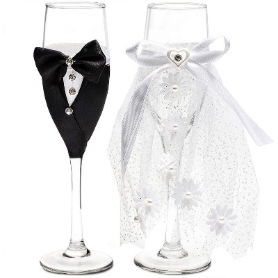 Sparkle and Bash Set of 2 Mr. & Mrs. Wedding Toasting Glasses, Bride and Groom Champagne Flutes in Lace Dress Tuxedo