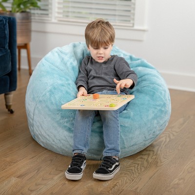 Teal Furry Small Round Bean Bag Chair with Removable Cover