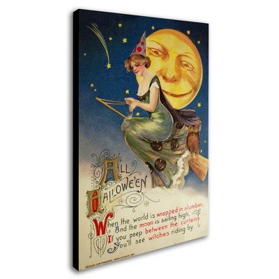 Trademark Fine Art -Vintage Apple Collection 'Halloween Witch Greendress Moon' Canvas Art
