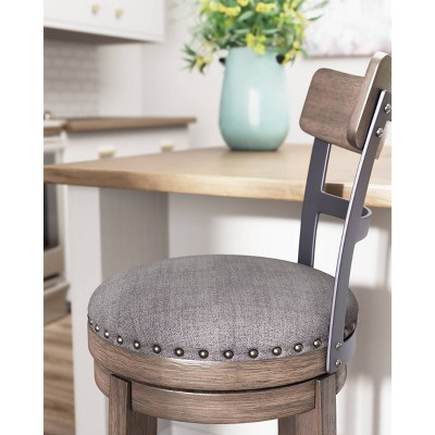 Antiqued Gray Wash Swivel Barstool with Cushioned Seat and Nailhead Trim