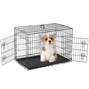 FDW Dog Crate for Medium Dogs 30 Inch Folding Metal WirePet Cage Double Door W/Divider Panel Indoor Outdoor Kennel Leak-Proof Plastic Tray,Black - 1 of 4