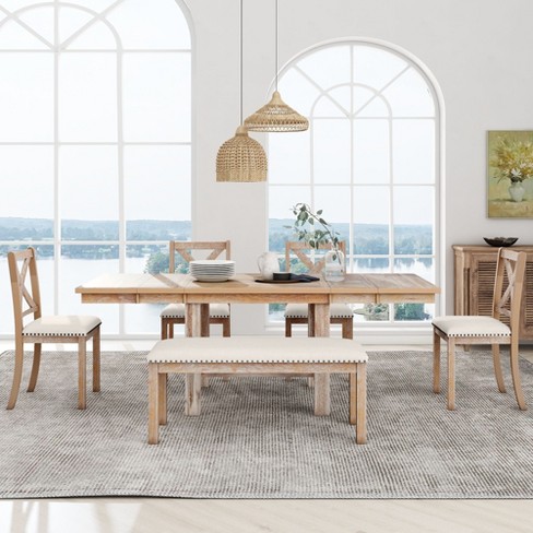 Farmhouse 6 Piece Expandable Dining Table Set with 4 Upholstered Chairs and 1 Bench Natural ModernLuxe