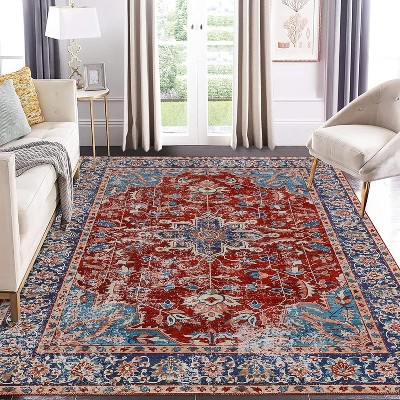 Washable Area Rug for Bedroom Vintage Low Pile Carpet Non-Slip Stain-Resistant No-Shedding Distressed Orange Dining Rugs