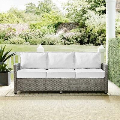 Gray and White Wicker Outdoor Sofa with Cushions