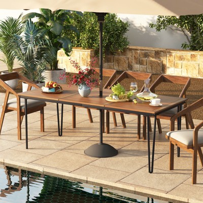 Natural Acacia Wood and Black Metal 8-Person Outdoor Dining Table