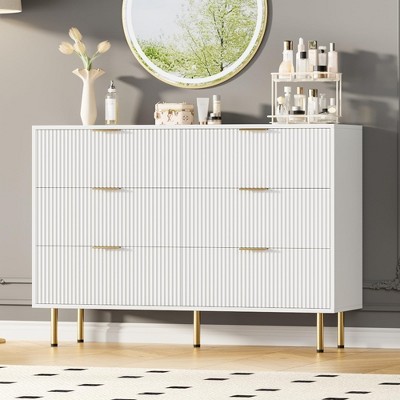 Fluted Wood Dresser 6 Drawers Dresser for Bedroom, Large Modern Chest of Drawers, Brown Dresser