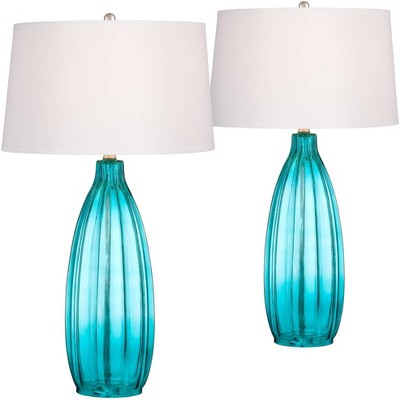 360 Lighting Coastal Table Lamps Set of 2 Fluted Blue Glass White Drum Shade for Living Room Family Bedroom Bedside Nightstand