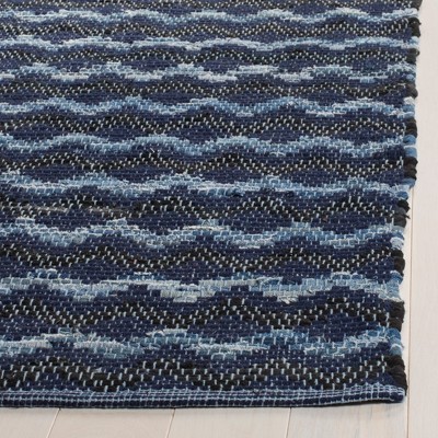 Navy Blue and Black Handmade Wool Cotton 8' x 10' Rug