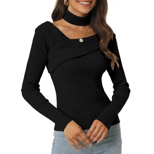 Seta T Women's V Neck Cross Off Shoulder Long Sleeve Ribbed Knit Slim Fit Sweaters - 1 of 4